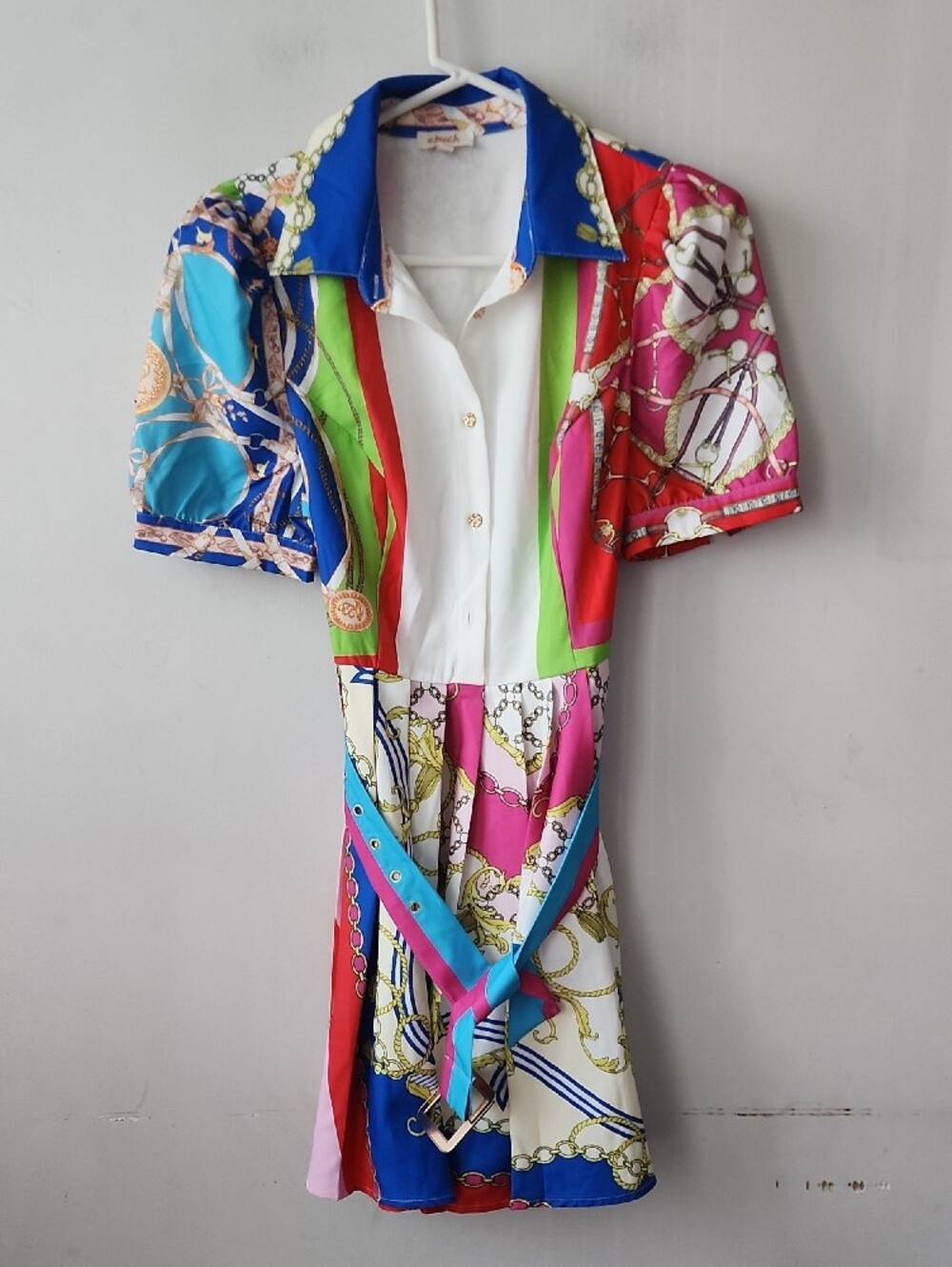 Colorblock Chain-Print Midi Dress with Belt. New Without Tag - Picture 5 of 12